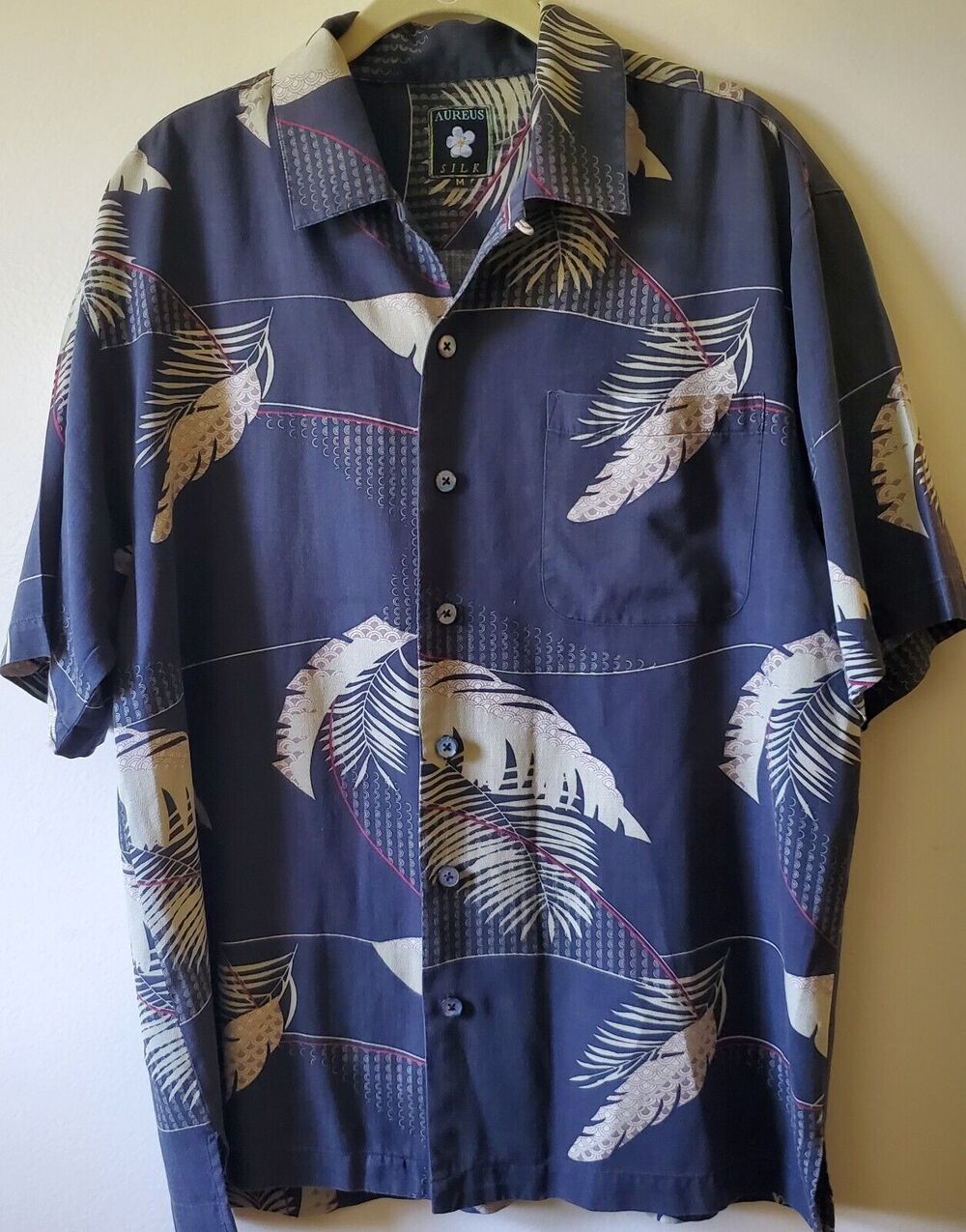 Aureus Mens Navy Blue Silk Hawaiian Shirt Golden Palm Fronds Sz M EUC DH2139